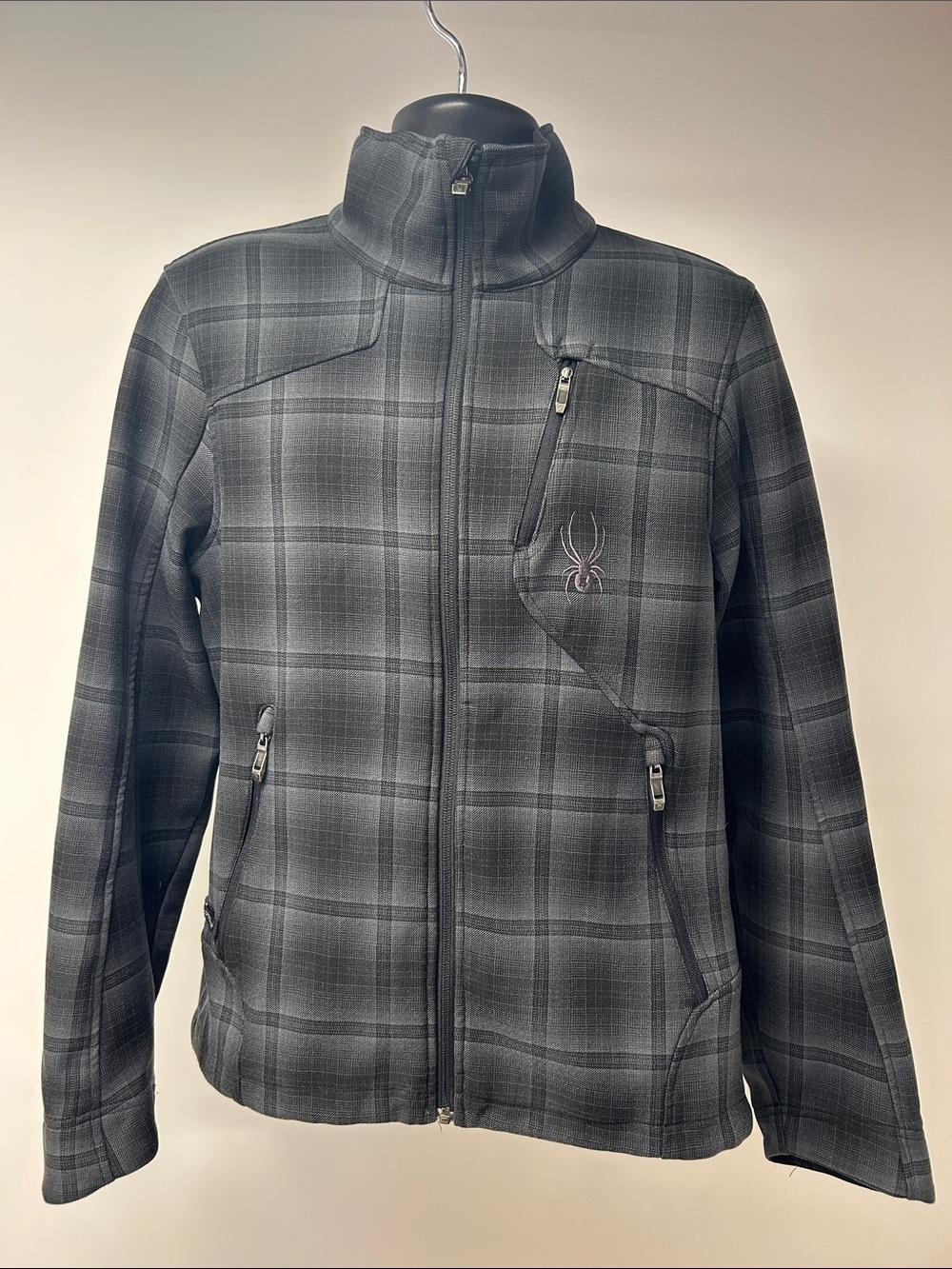 Spyder Plaid Fleece Lined Softshell Jacket Mens Black Charcoal Ski Outdoor
